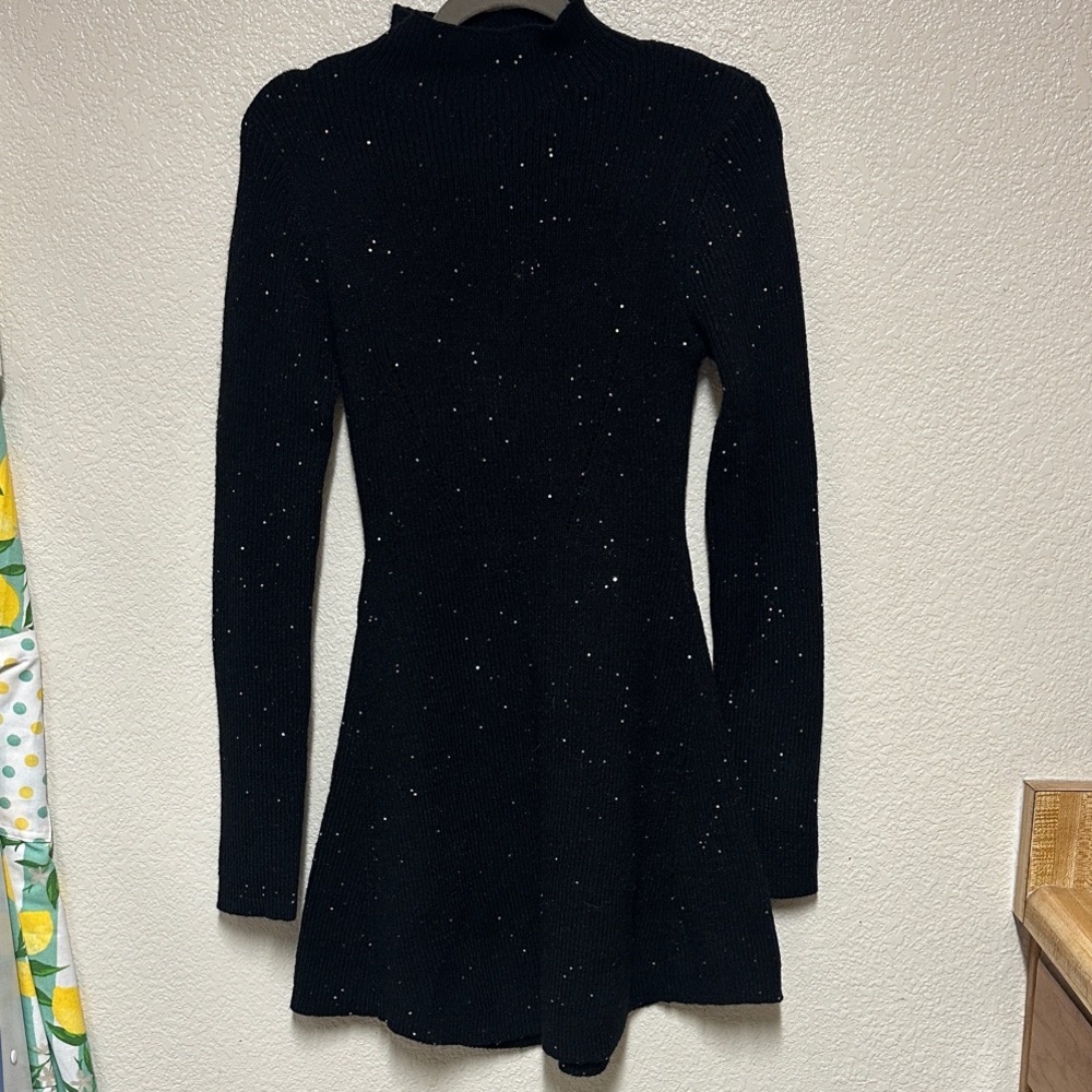 NWT Klesis Black Sweater Mini Dress with Sequins - Size Large